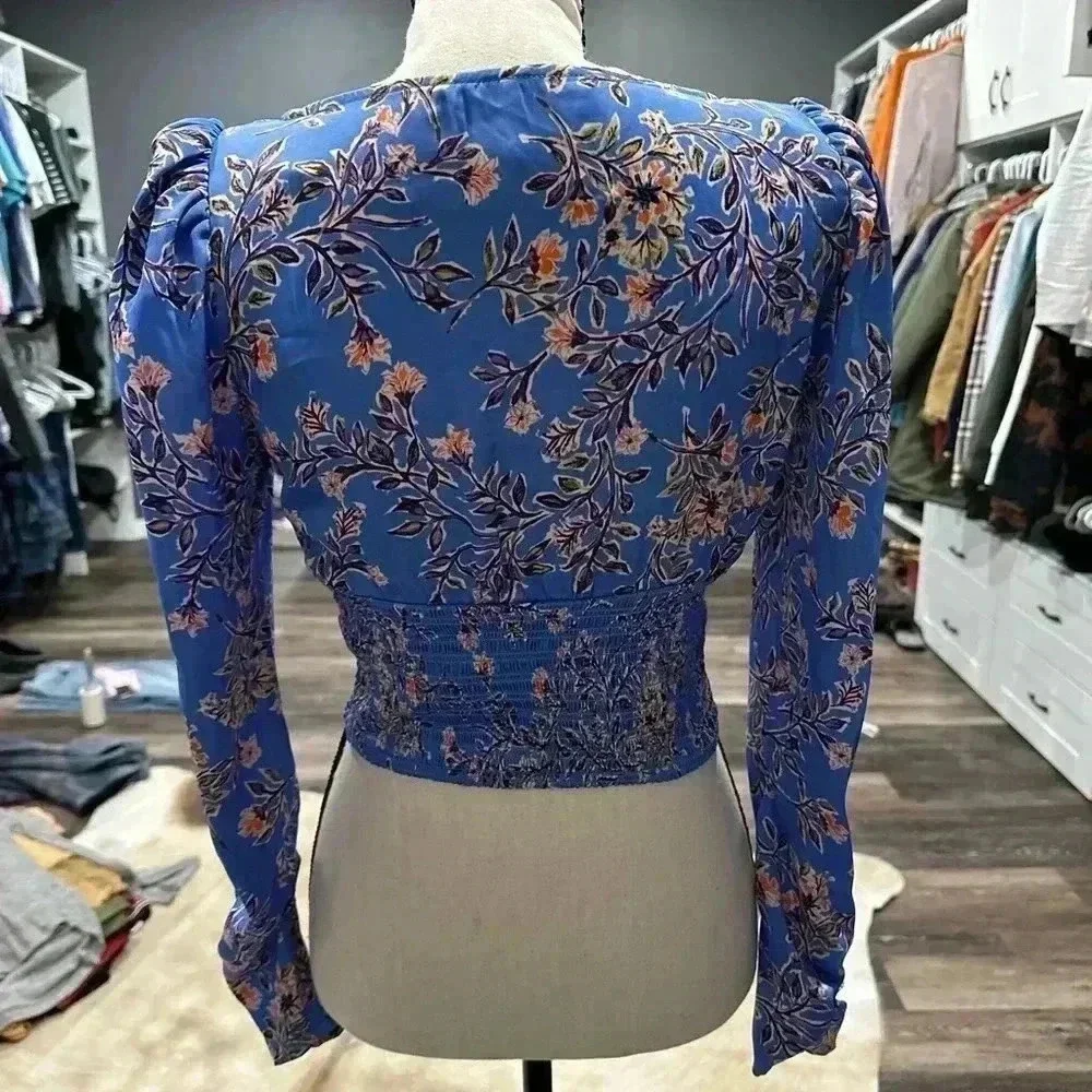 Free People Blue Floral Santiago Smocked Waist Long Sleeve Blouse Size XS
